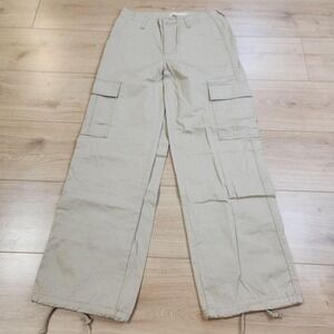 Levis 94 Baggy Cargo Pants Womens 26x30 Beige Twill Wide Leg Drawstring Hem